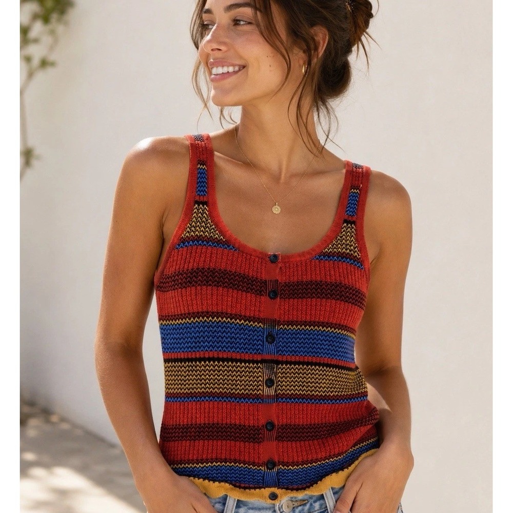 Blue Rain Francescas Knit Tank Top Medium Striped Ribbed Y2K Button Front Top
